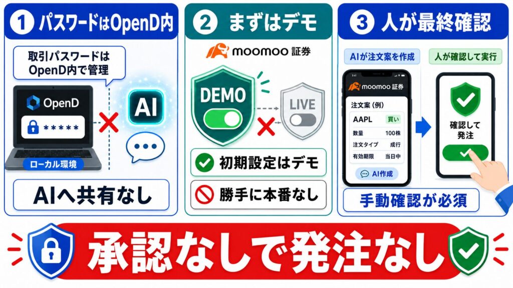 取引パスワードはOpenD内で管理されAIには共有されず、初期設定はデモ環境で、人間の手動確認後に発注するセキュリティ設計を示した画像。