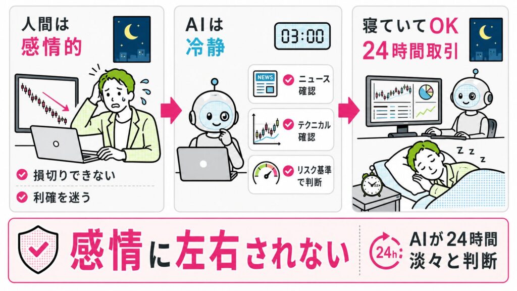 人間のトレーダーの最大の弱点は感情です。 含み損が膨らむとパニックになって損切りできなかったり、逆に含み益が出ると欲が出て利確タイミングを逃したり。 AIエージェントにはこの問題がありません。 深夜3時に米国市場が急落しても、AIは冷静にニュースを分析し、テクニカル指標を確認し、あらかじめ設定されたリスク許容度に基づいて淡々と判断を下します。 しかも、米国株の取引時間（日本時間の深夜〜早朝）に人間が起きている必要がなくなります。