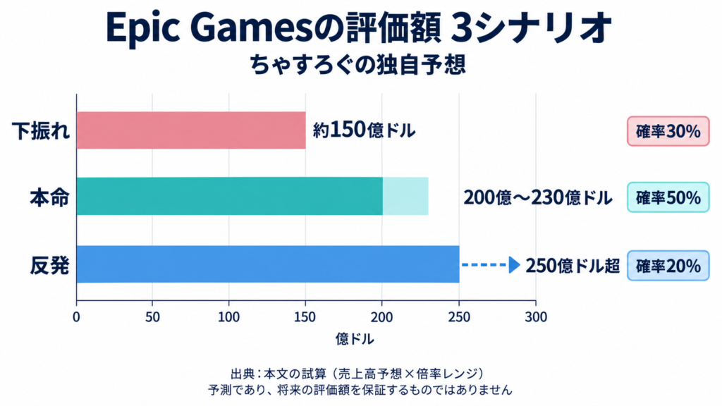 Epic Gamesの評価額3シナリオ（下振れ150億ドル／本命200億〜230億ドル／反発250億ドル超）を横棒グラフで比較した図