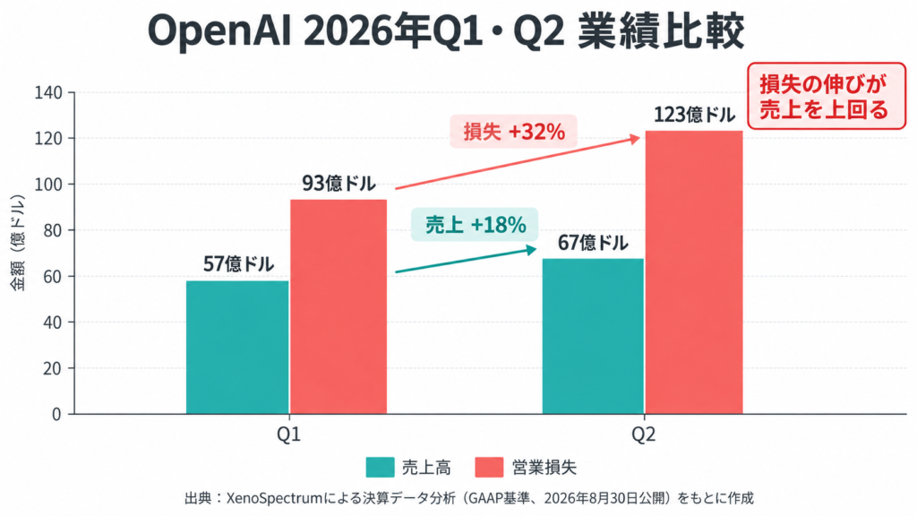 2026年第1四半期と第2四半期の売上高と営業損失を比較した棒グラフ