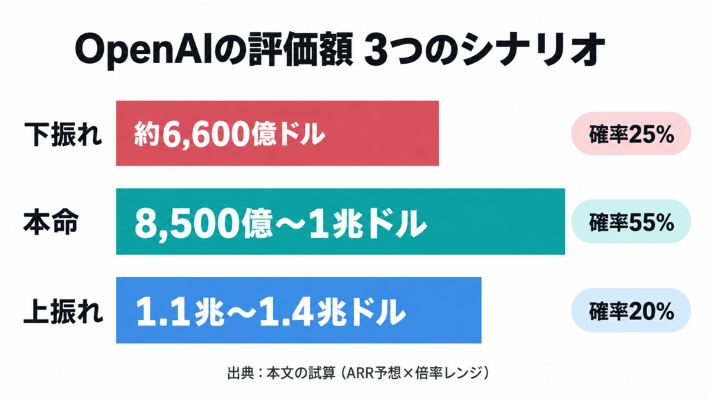 OpenAIの評価額3シナリオ（下振れ6,600億ドル／本命8,500億〜1兆ドル／上振れ1.1兆〜1.4兆ドル）を横棒グラフで比較した図